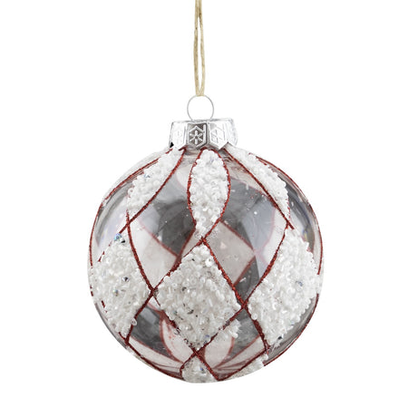 Ball Ornament, Clear w/ White & Red Glitter, 100mm