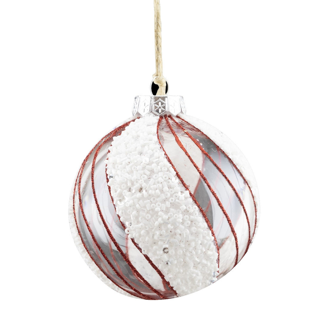 Ball Ornament, Clear w/ White & Red Swirl, 100mm