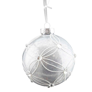 Ball Ornament, Silver with Bead Flowers, 100mm