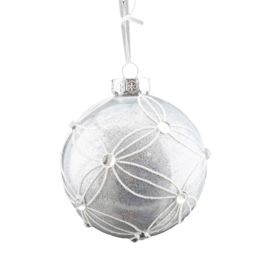 Ball Ornament, Silver with Bead Flowers, 100mm