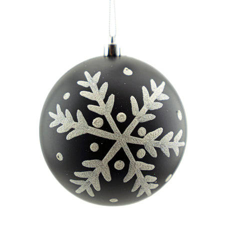 Ball Ornament, Black with White Snowflake, 100mm