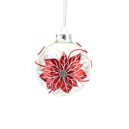 Ball Ornament, Glass with Red Poinsettia, 90mm