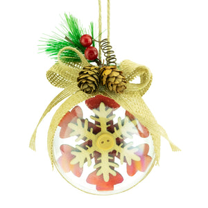 Ball Ornament, Clear with Red Wood Snowflake, 75mm