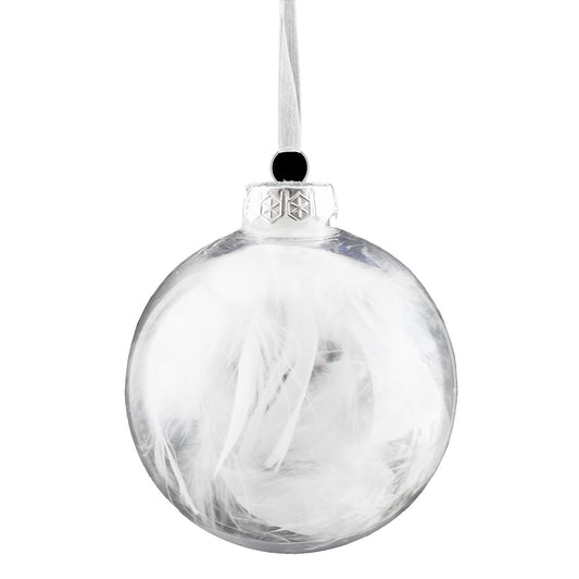 Ball Ornament, Clear with White Feathers, 100mm