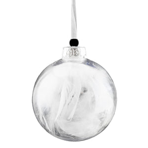 Ball Ornament, Clear with White Feathers, 100mm