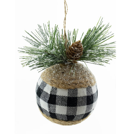 Ball Ornament, Plaid Fabric with Pine, 90mm