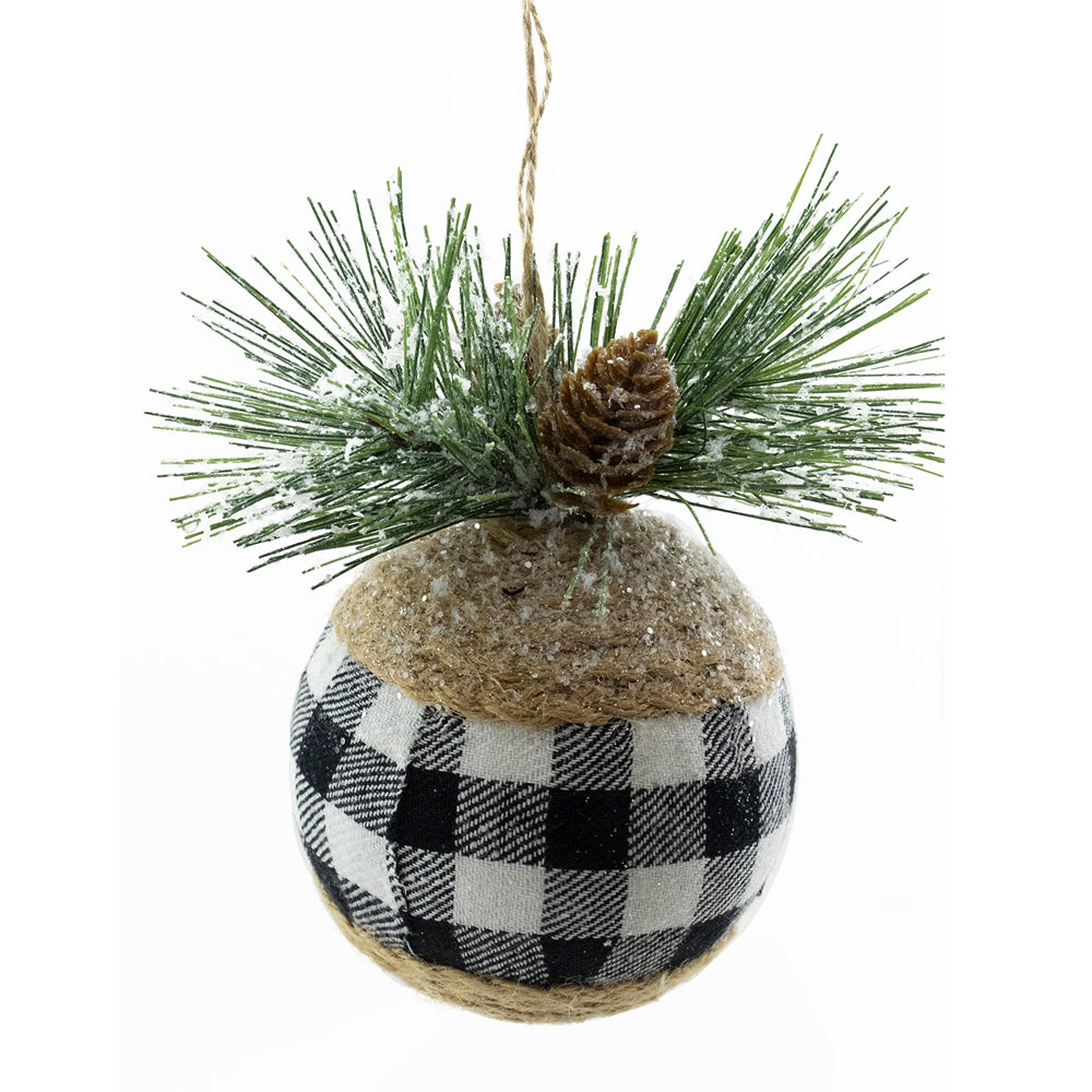 Ball Ornament, Plaid Fabric with Pine, 90mm