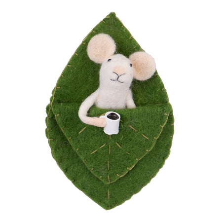 Wool Mouse Ornament with Coffee Cup in Leaf Bed