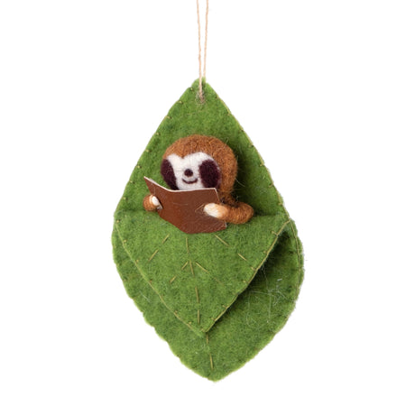 Wool Sloth Ornament with Book in Leaf Bed