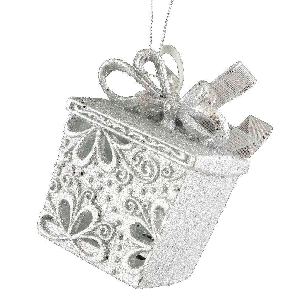 Silver Engraved Glitter Gift Box Ornament, 3.25in