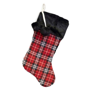 Black & Red Plaid Stocking with Pom Poms, 20.5in