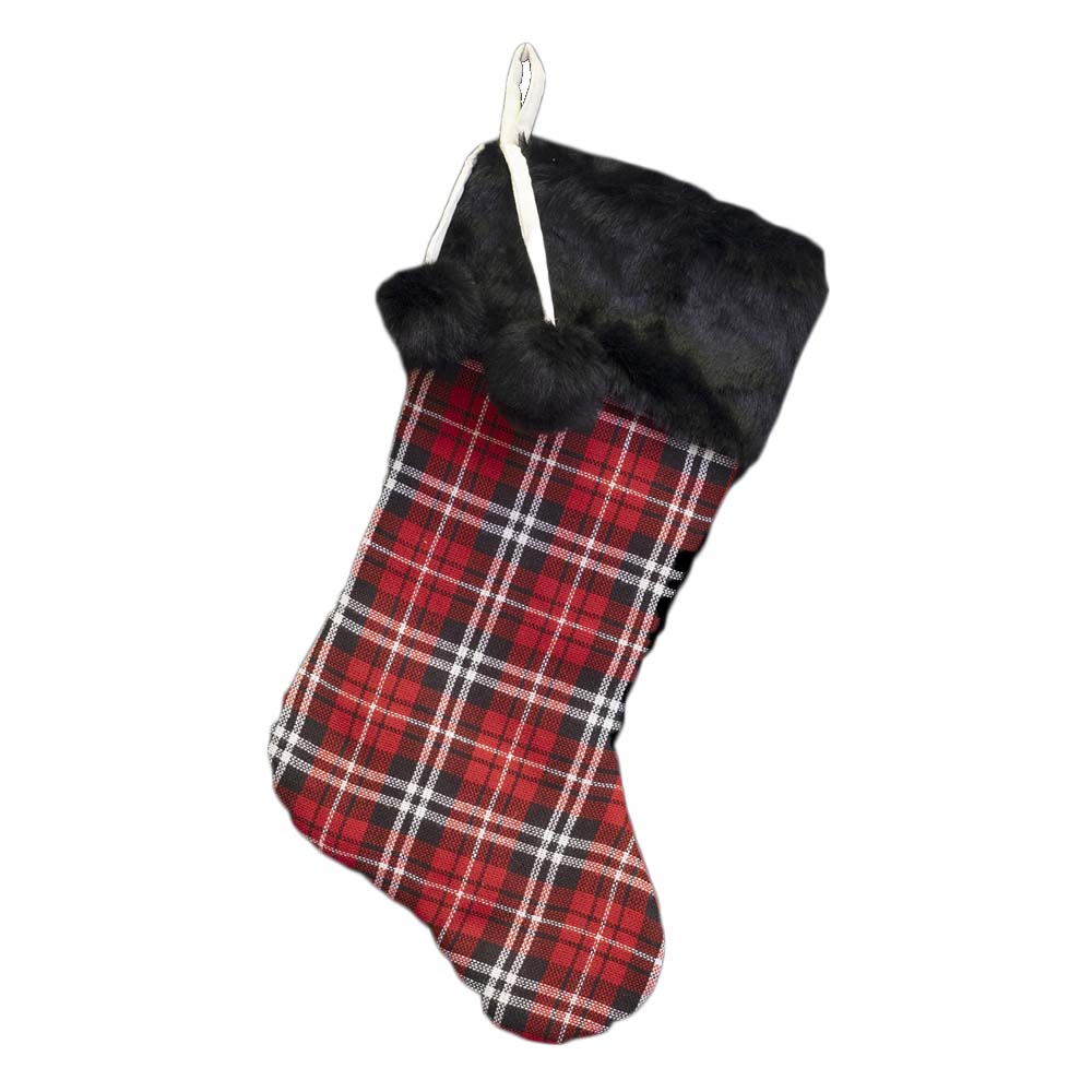 Black & Red Plaid Stocking with Pom Poms, 20.5in