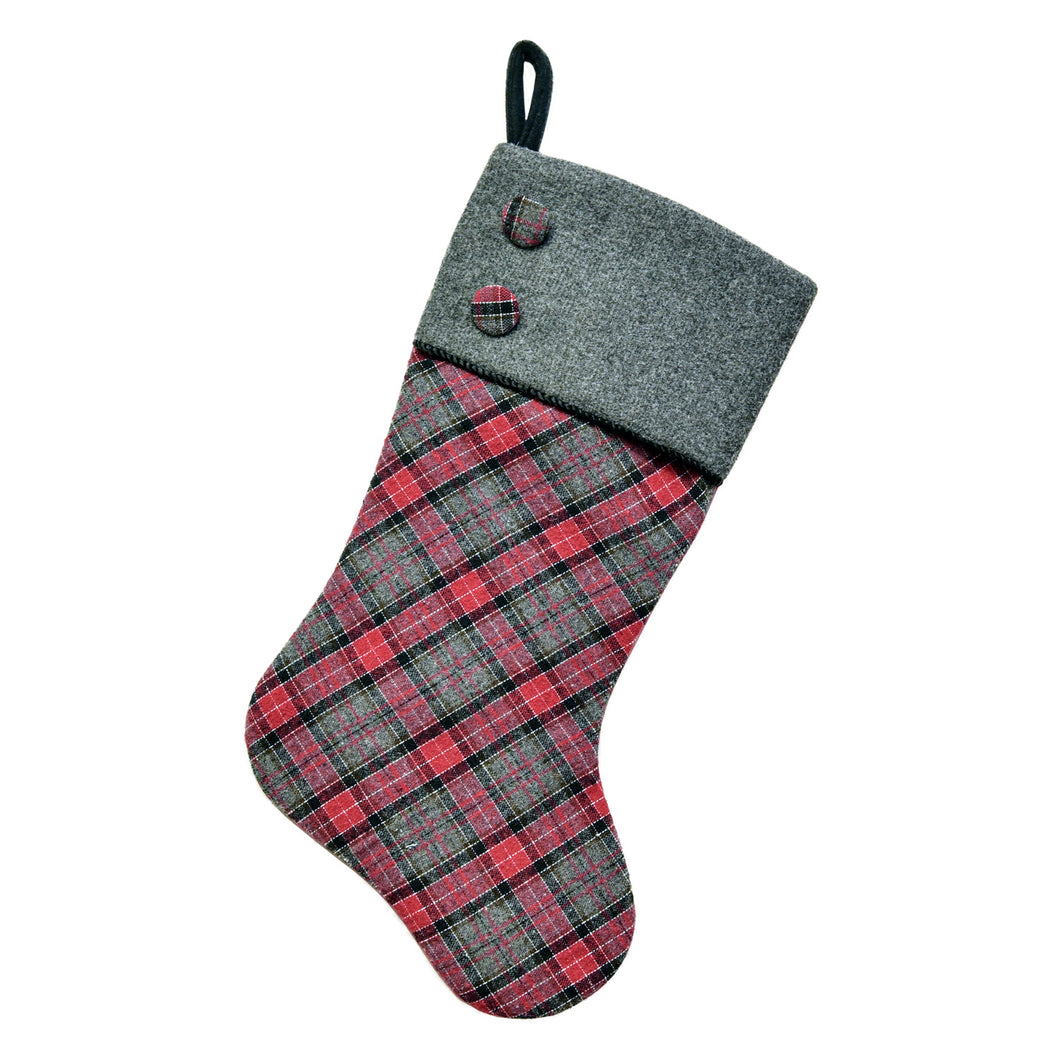 Grey & Red Plaid Stocking with Buttons, 20.5in