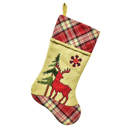 Reindeer Burlap Stocking with Plaid Cuff, 20.5in