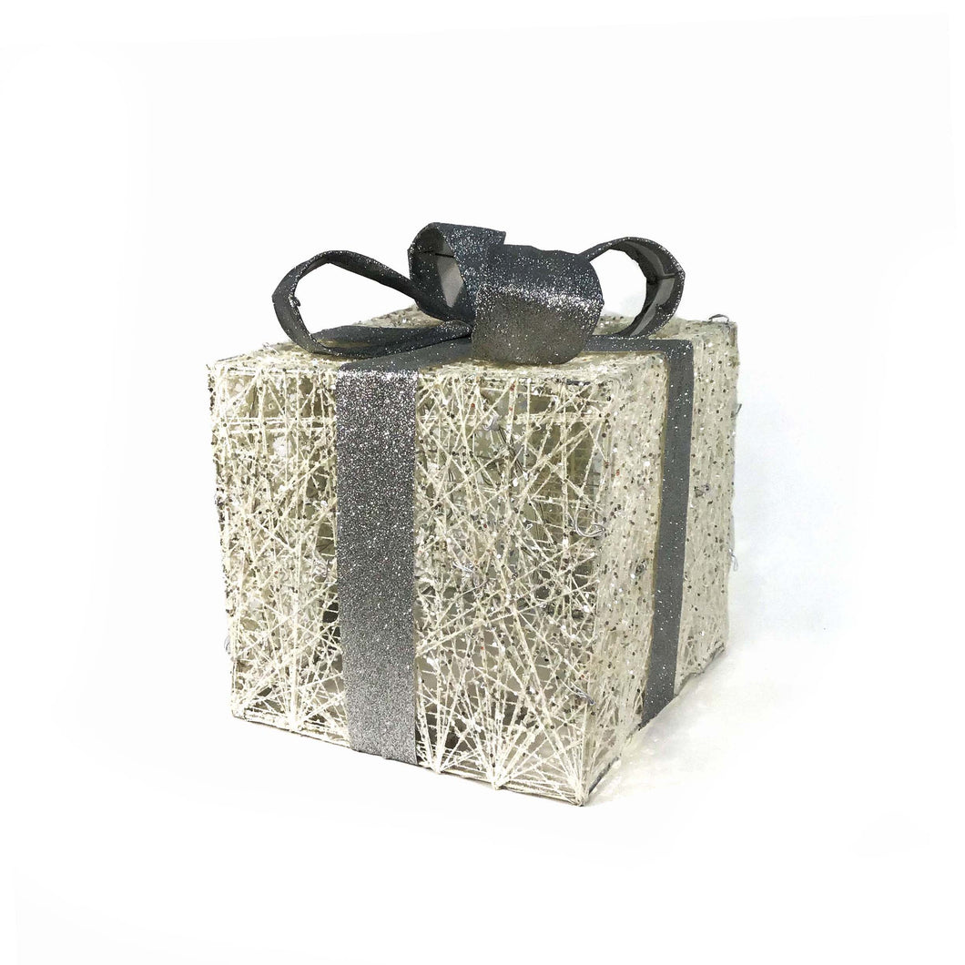 LED White & Silver Glitter Gift Box, 10in