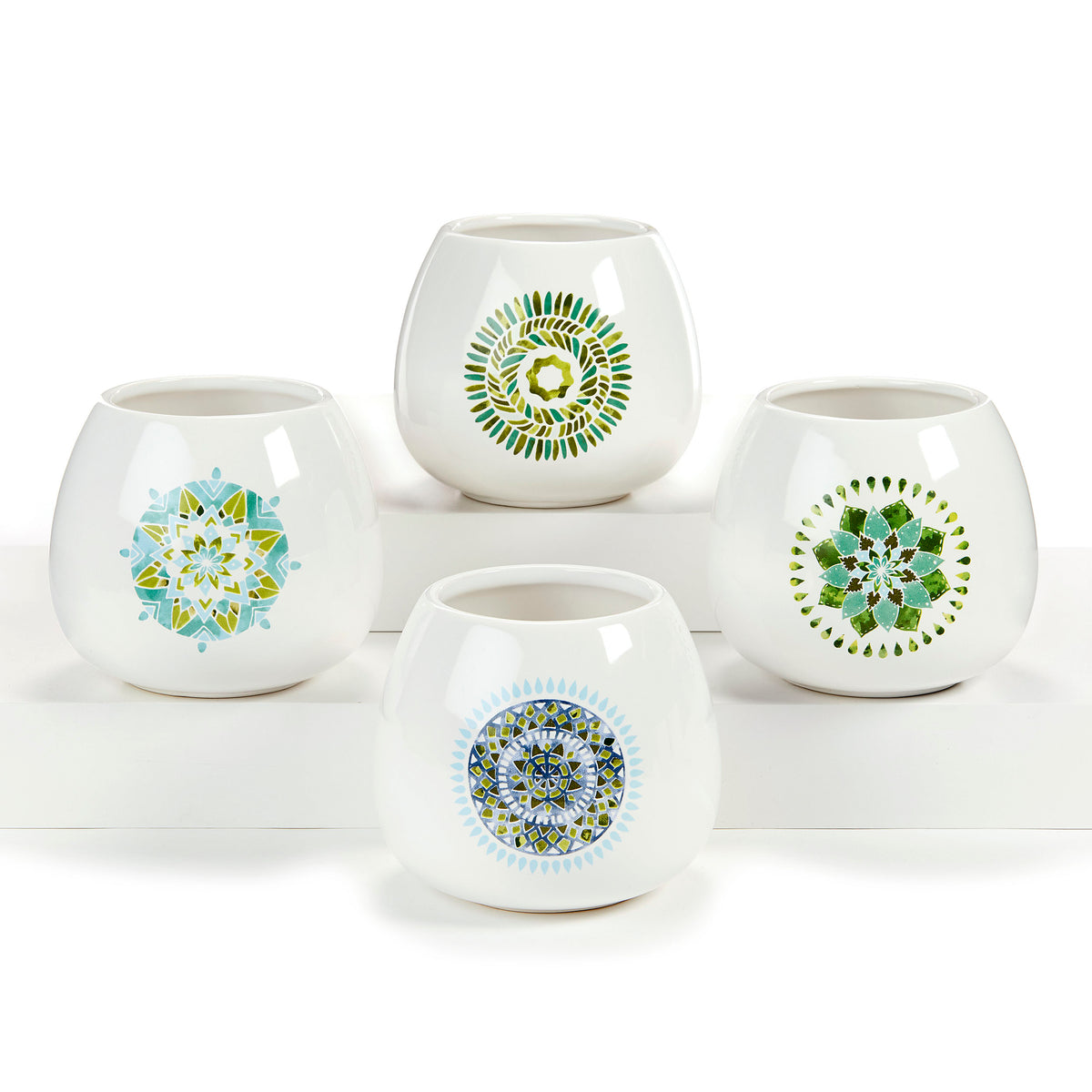 Pot, 4in, Ceramic, Blue & Green Mandala, 4 Styles