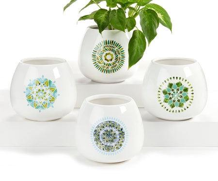 Pot, 4in, Ceramic, Blue & Green Mandala, 4 Styles