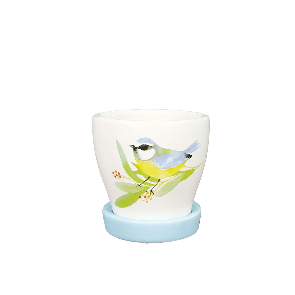 Pot, 3in, Ceramic, Watercolor Bird with Saucer