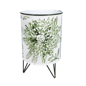 Pot, 7in, Metal, Stamped Floral with Stand, Green