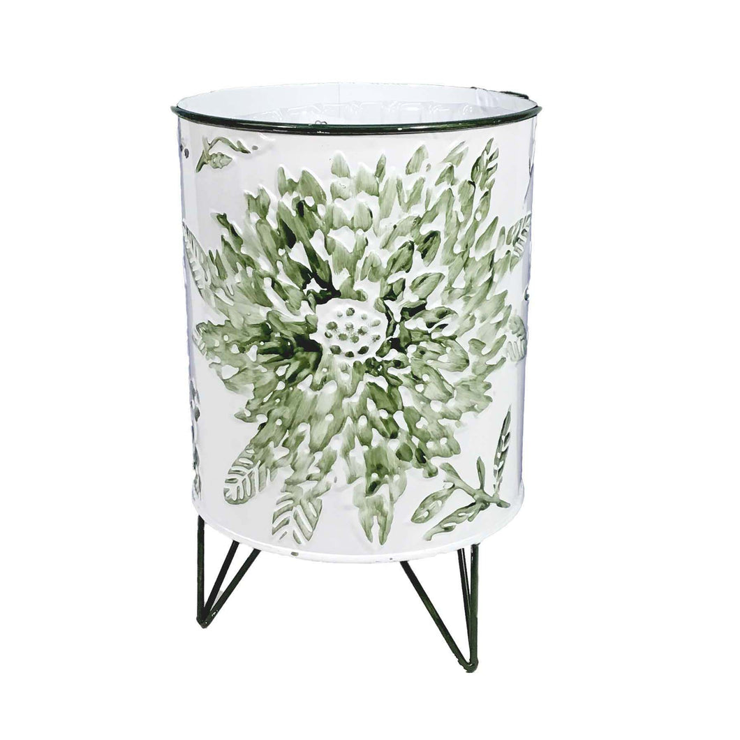 Pot, 7in, Metal, Stamped Floral with Stand, Green