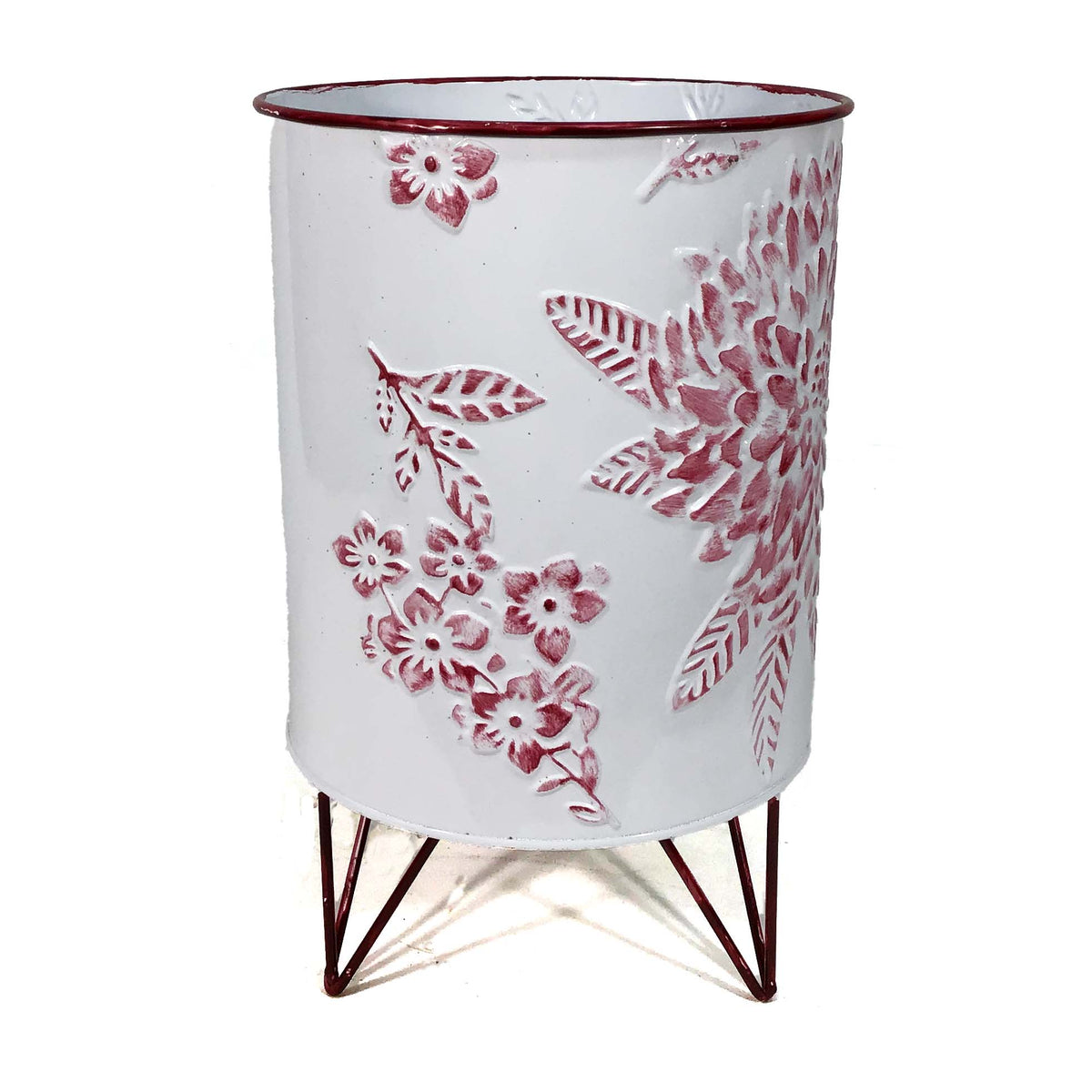 Pot, 8in, Metal, Stamped Floral with Stand, Red