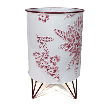 Pot, 8in, Metal, Stamped Floral with Stand, Red