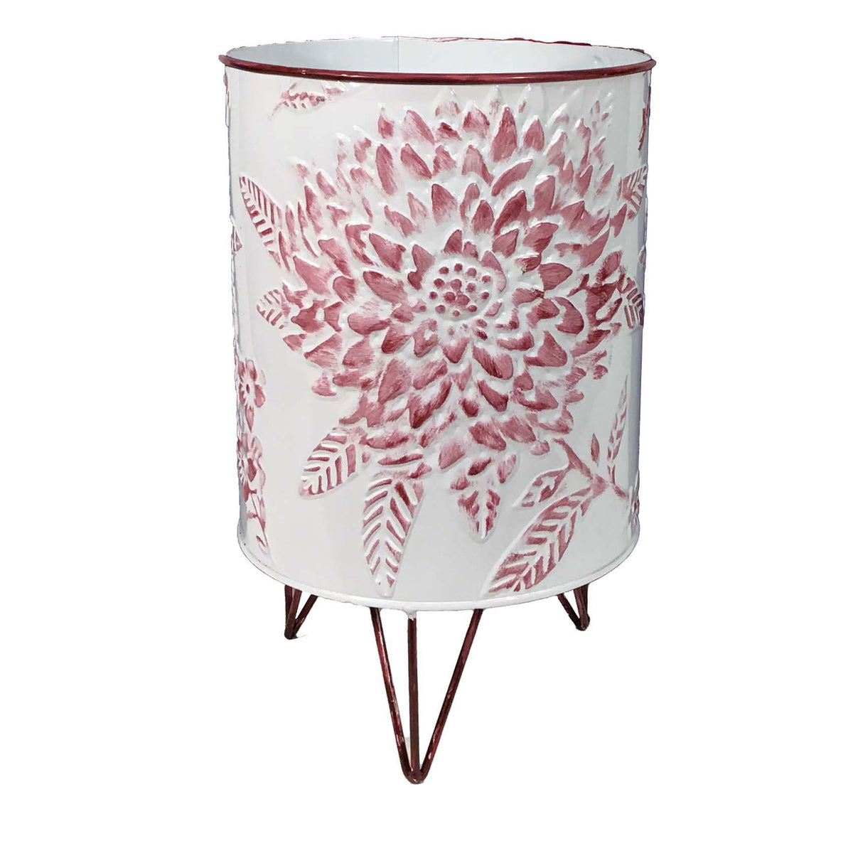 Pot, 8in, Metal, Stamped Floral with Stand, Red