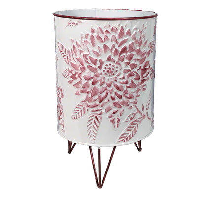 Pot, 8in, Metal, Stamped Floral with Stand, Red