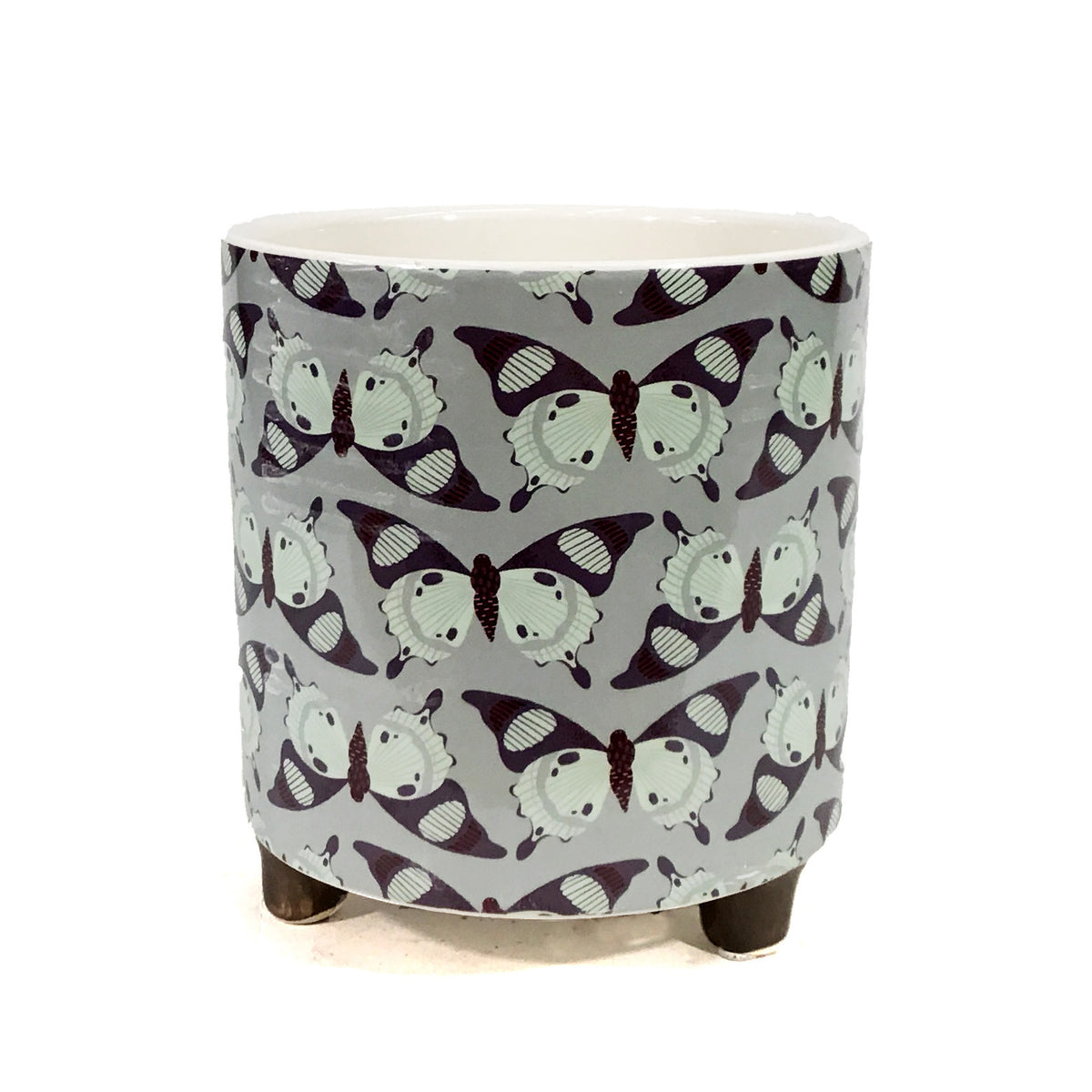 Pot, 4in, Ceramic, Blue/Brown Pattern, Footed