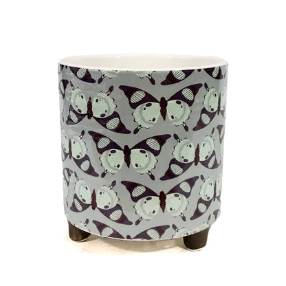 Pot, 4in, Ceramic, Blue/Brown Pattern, Footed