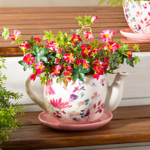 Pot, 6in, Ceramic, Floral Teapot w/ Saucer, Pink