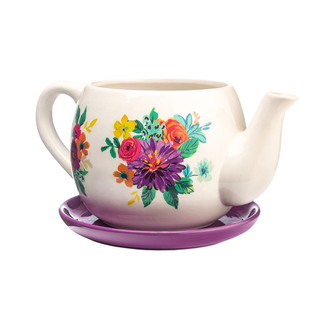 Pot, 6in, Ceramic, Floral Teapot w/ Saucer, Purple