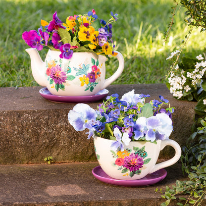 Pot, 6in, Ceramic, Floral Teapot w/ Saucer, Purple