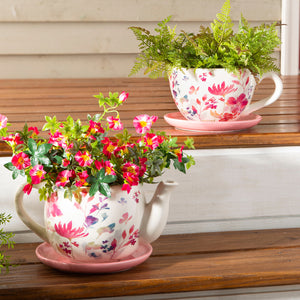 Pot, 6in, Ceramic, Floral Teacup w/ Saucer, Pink