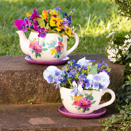 Pot, 6in, Ceramic, Floral Teacup w/ Saucer, Purple