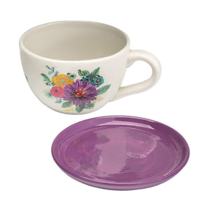 Pot, 6in, Ceramic, Floral Teacup w/ Saucer, Purple
