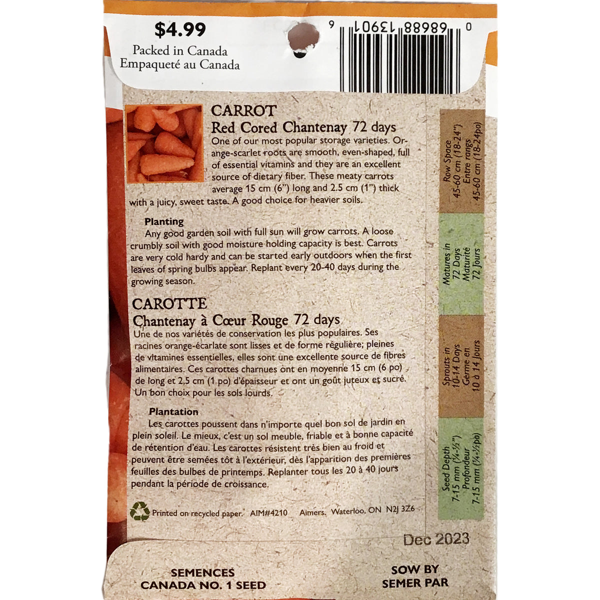 Carrot - Chantenay Red Seed Tape, Aimers Organic
