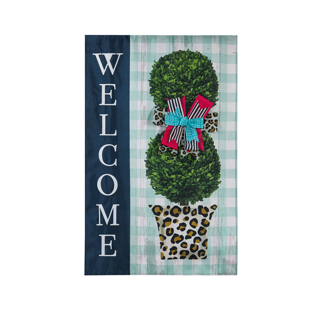 Welcome Leopard Print Topiary Burlap House Flag