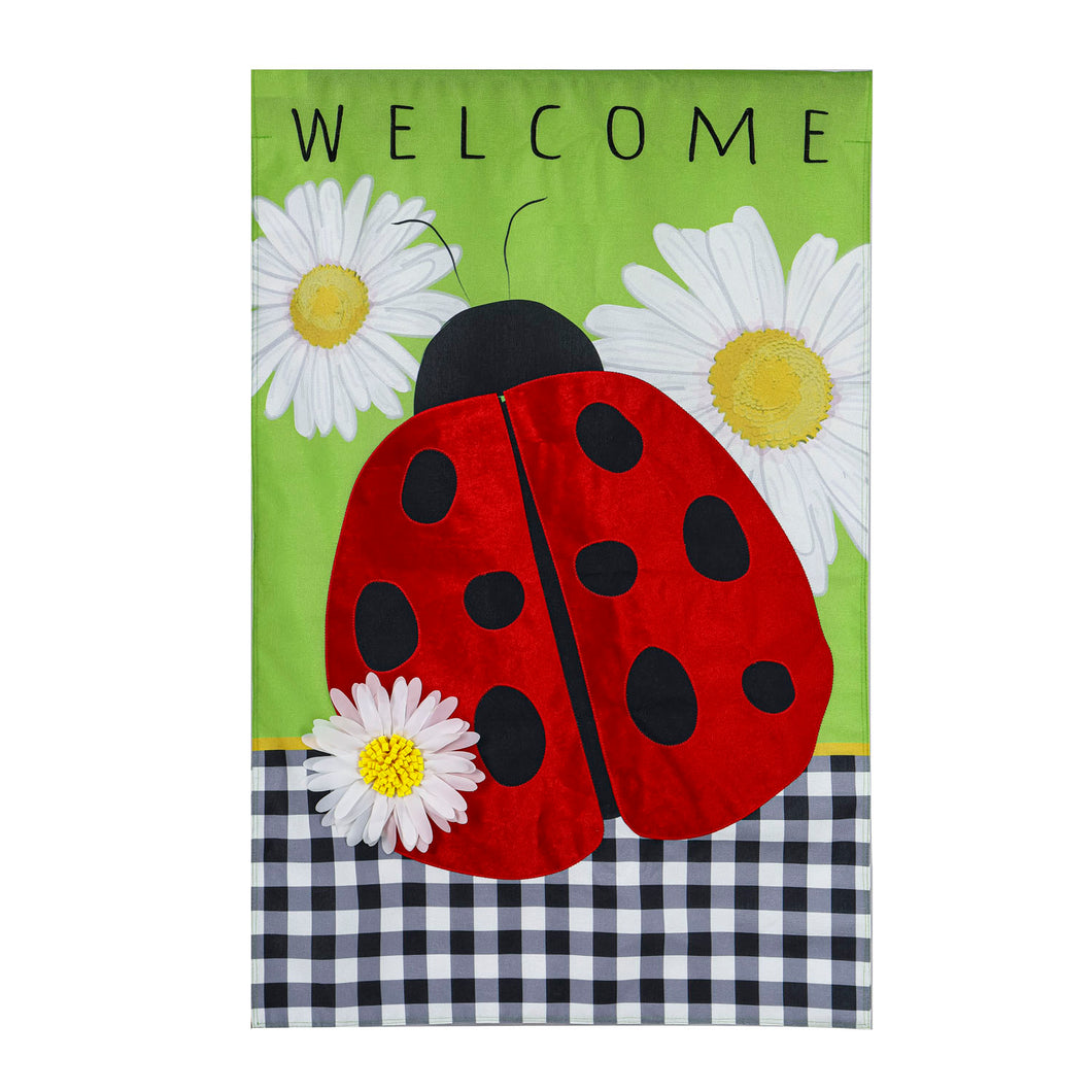 Welcome Ladybug Plaid Burlap House Flag