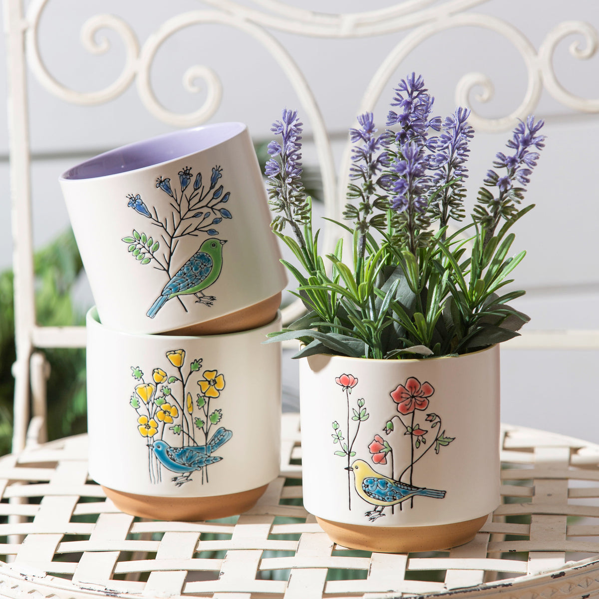 Pot, 3.5in, Ceramic, Spring Birds with Flowers