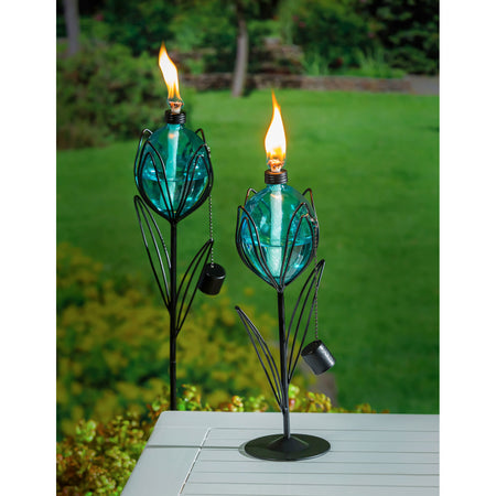 2-in-1 Metal & Glass Tulip Oil Torch, Blue