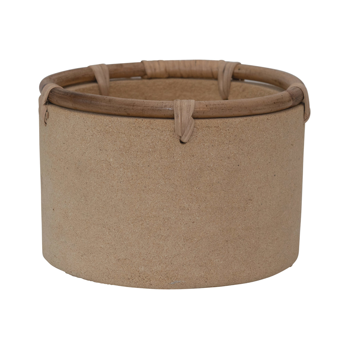 Pot, 8in, Cement, Buff with Rattan Rim