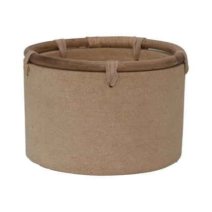 Pot, 8in, Cement, Buff with Rattan Rim