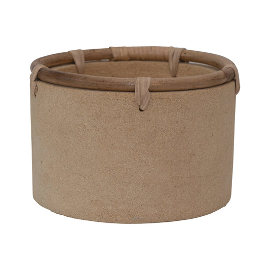 Pot, 8in, Cement, Buff with Rattan Rim