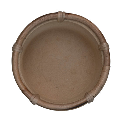 Pot, 8in, Cement, Buff with Rattan Rim