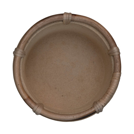 Pot, 8in, Cement, Buff with Rattan Rim