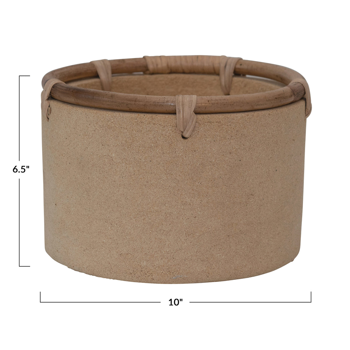 Pot, 8in, Cement, Buff with Rattan Rim