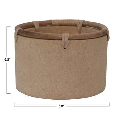 Pot, 8in, Cement, Buff with Rattan Rim