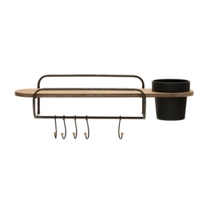 Metal & MDF Wall Shelf with Planter & 5 Hooks