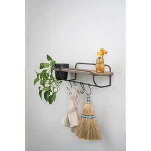 Metal & MDF Wall Shelf with Planter & 5 Hooks